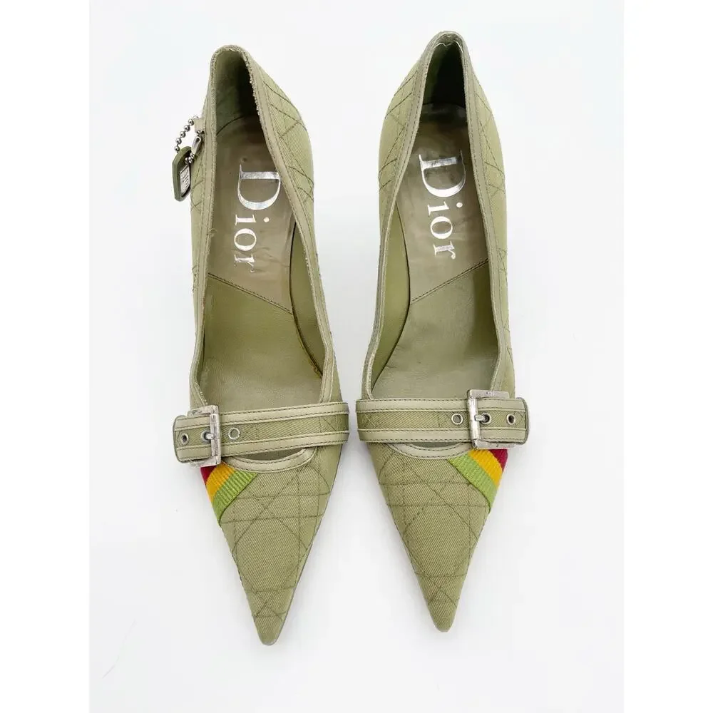 Christian Dior Vintage Green Cannage Rasta Pointed Toe Buckle Pumps Heels EU 37